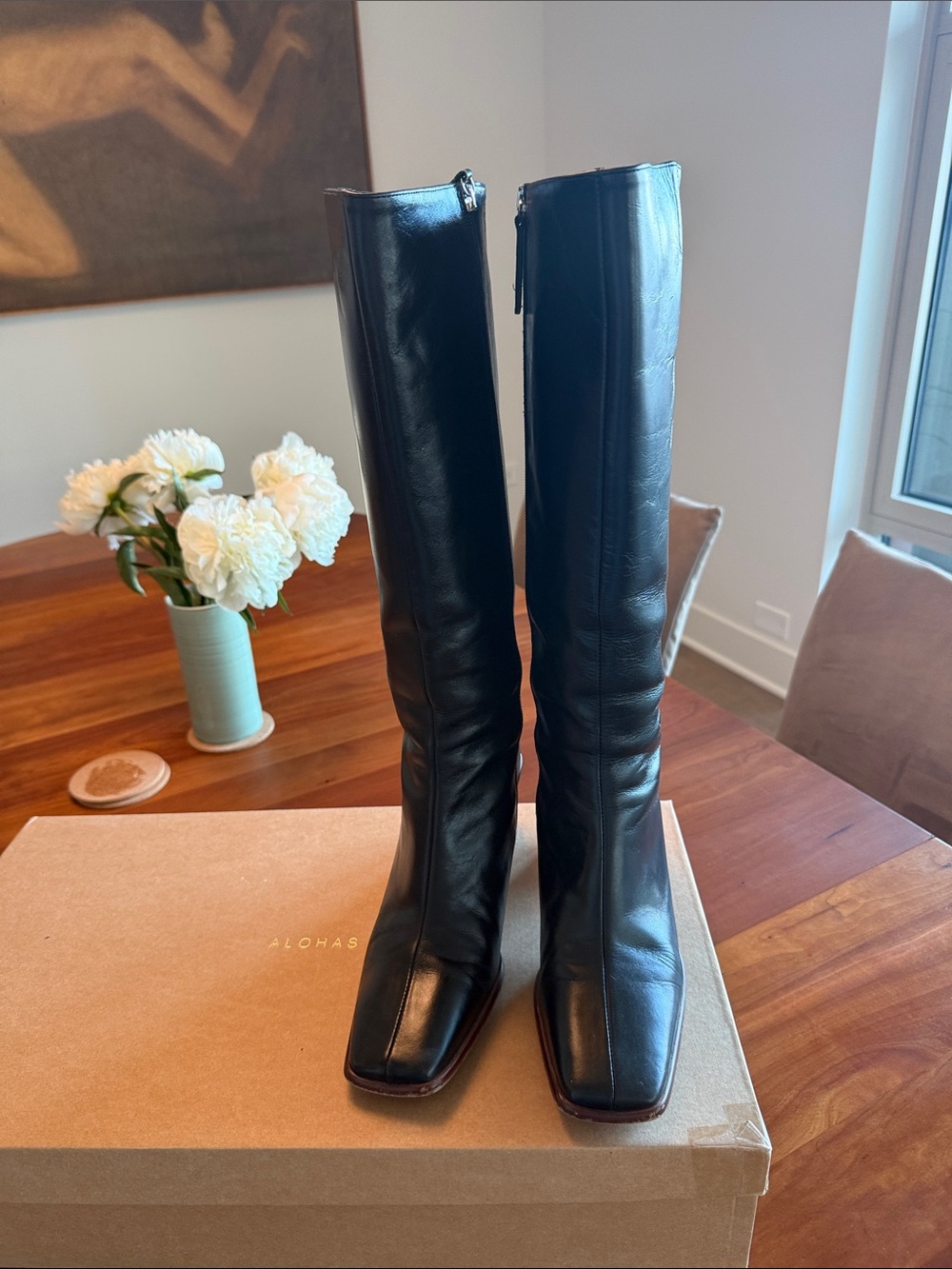 ALOHAS East Black Leather Square-Toe Leather Boots